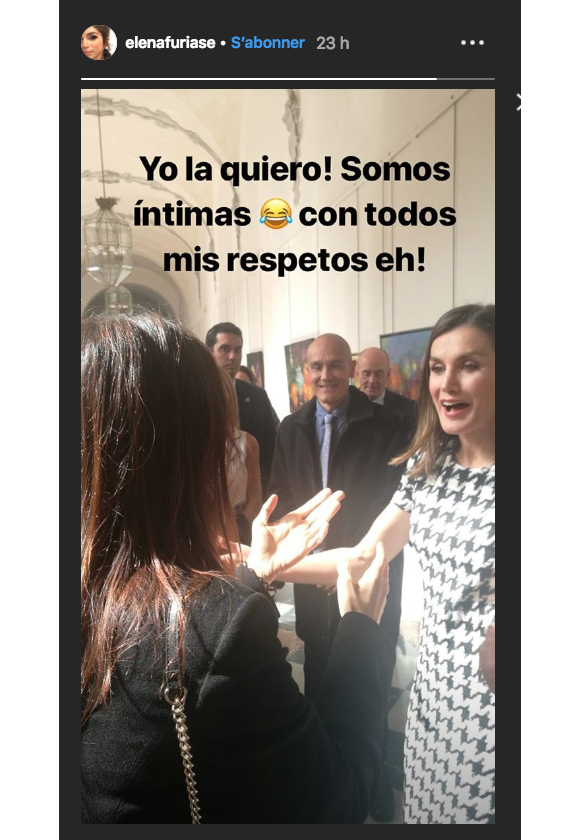 Letizia d'Espagne saluant l'actrice Elena Furiase lors de la cérémonie des médailles d'or du mérite des Beaux-Arts le 18 février 2019, Instagram Elena Furiase.