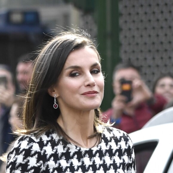 La reine Letizia d'Espagne (robe Hugo Boss) à Cordoue le 18 février 2019 pour la remise des médailles d'or du mérite des Beaux-Arts lors d'une cérémonie au Palais de la Merced.