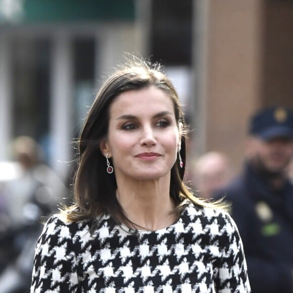 La reine Letizia d'Espagne (robe Hugo Boss) à Cordoue le 18 février 2019 pour la remise des médailles d'or du mérite des Beaux-Arts lors d'une cérémonie au Palais de la Merced.