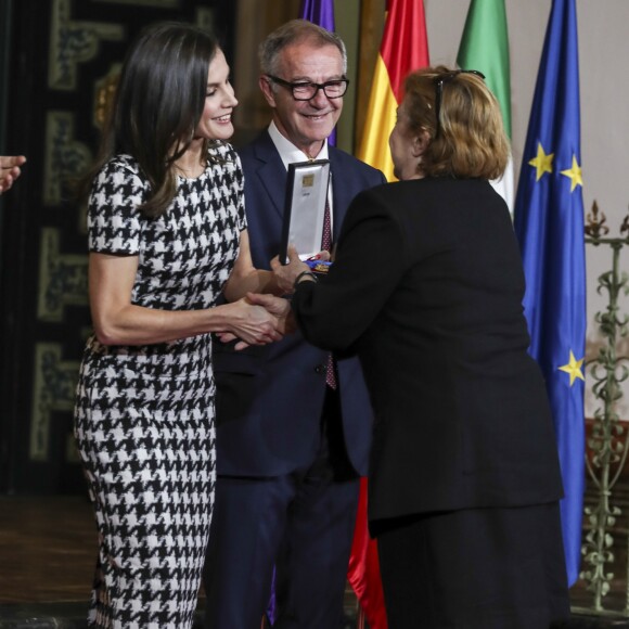 Le roi Felipe VI et la reine Letizia d'Espagne remettaient le 18 février 2019 les médailles d'or du mérite des Beaux-Arts lors d'une cérémonie au Palais de la Merced à Cordoue.