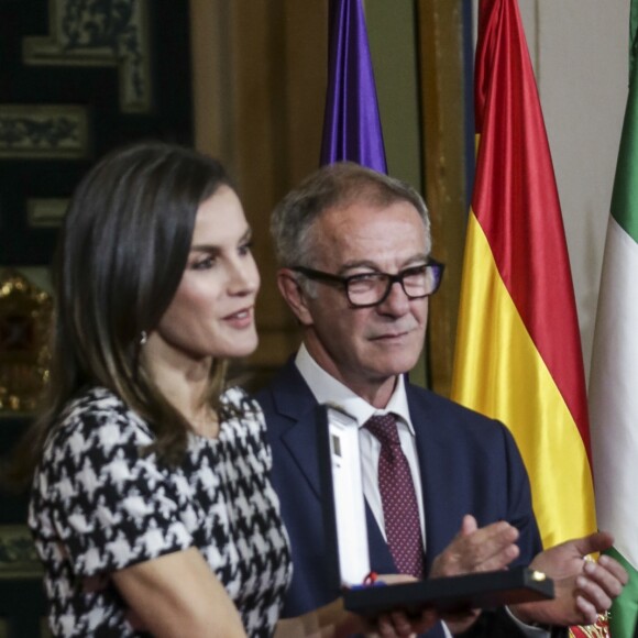 Le roi Felipe VI et la reine Letizia d'Espagne remettaient le 18 février 2019 les médailles d'or du mérite des Beaux-Arts lors d'une cérémonie au Palais de la Merced à Cordoue.