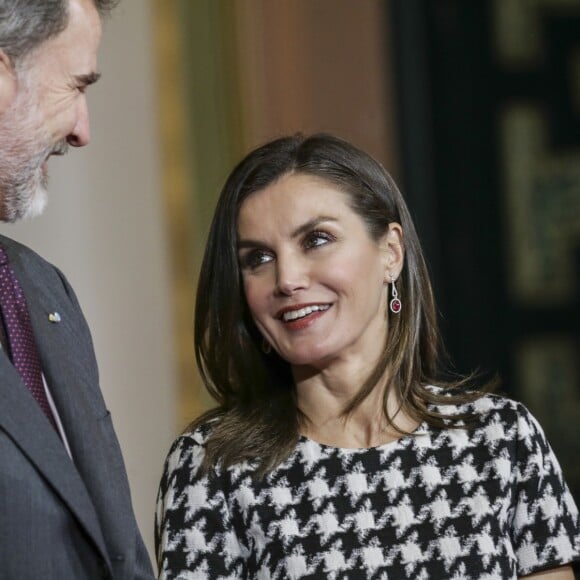 Le roi Felipe VI et la reine Letizia d'Espagne remettaient le 18 février 2019 les médailles d'or du mérite des Beaux-Arts lors d'une cérémonie au Palais de la Merced à Cordoue.