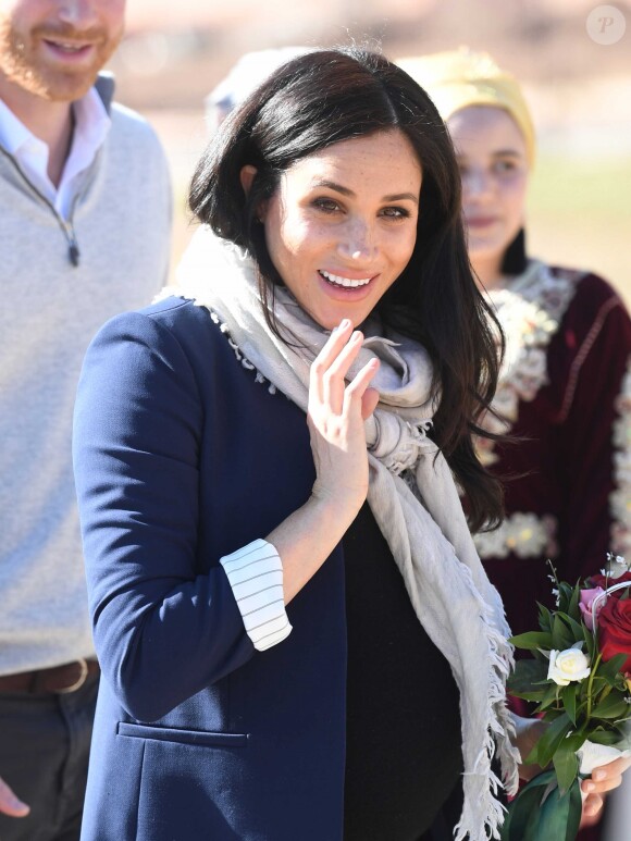 Meghan Markle (enceinte), duchesse de Sussex en visite dans un pensionnat à Asli lors de leur voyage officiel au Maroc. Le 24 février 2019 24 February 2019.