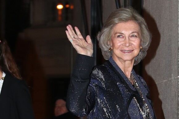 La reine Sofia d'Espagne à Madrid le 6 mars 2019 lors de la soirée du 80e anniversaire de l'infante Margarita de Bourbon à son domicile dans le quartier de Salamanque.