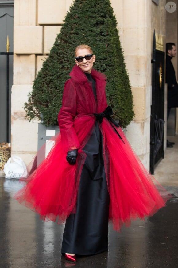 Céline Dion ( qui porte une manteau en tulle rouge transparent) et son ami Pepe Munoz à la sortie de l'hotel Crillon à Paris se rendent au théâtre Mogador le 27 Janvier 2019.