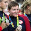 Sarah Hammer, Kelly Catlin, Chloe Dygert et Jennifer Valente médaillées d'argent aux Jeux olympiques de Rio de Janeiro le 13 août 2016.