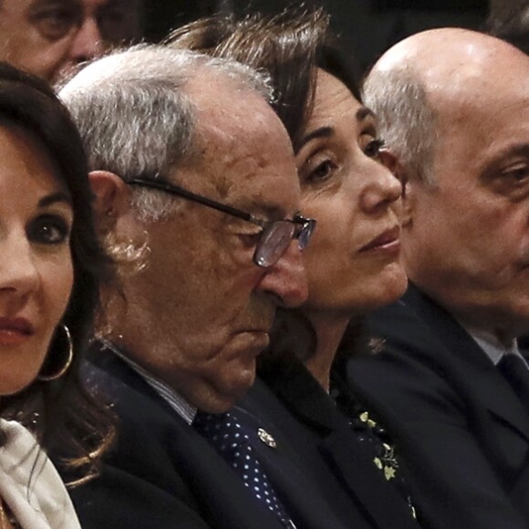 Le président du Real Madrid Florentino Perez et Véronique Zidane à la conférence de presse au stade Santiago Bernabeu à Madrid, Espagne, le 11 mars 2019.