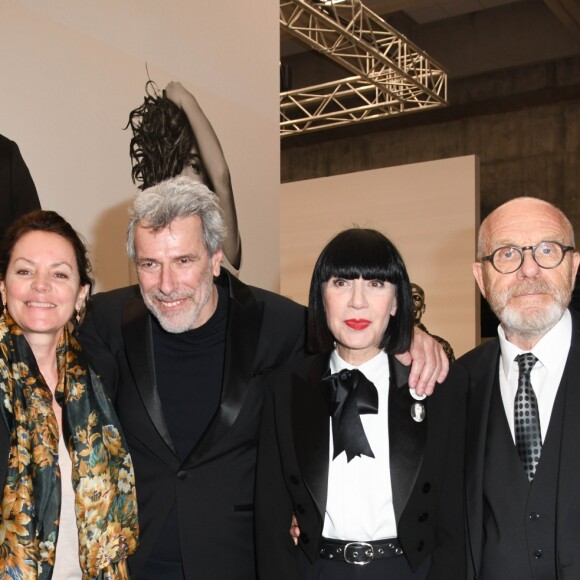 Cendrine Dominguez, Stéphane de Bourgies, Chantal Thomass et son mari Michel Fabian - Vernissage de l'exposition "Quand le masque tombe" de Stéphane de Bourgies sur le toit de la Grande Arche de la Défense, le 12 mars 2019.© Coadic Guirec/Bestimage