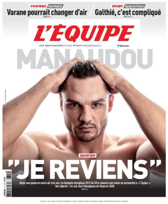 Florent Manaudou en couverture du journal "L'Equipe", édition du 19 mars 2019.