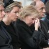 La princesse Astrid de Belgique, assise entre le couple royal (Philippe et Mathilde de Belgique) et son mari le prince Lorenz, est apparue bouleversée lors des obsèques du cardinal Godfried Danneels, décédé le 14 mars à l'âge de 85 ans, célébrées à la cathédrale Saint-Rombaut de Malines le 22 mars 2019.