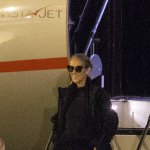 Exclusif - Celine Dion salue ses fans à l'aéroport avant de monter dans son jet le 1er février 2019 en France.