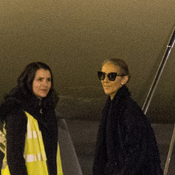 Exclusif - Celine Dion salue ses fans à l'aéroport avant de monter dans son jet le 1er février 2019 en France.