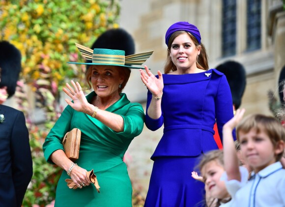Sarah Ferguson, la princesse Beatrice d'York - Sorties après la cérémonie de mariage de la princesse Eugenie d'York et Jack Brooksbank en la chapelle Saint-George au château de Windsor le 12 octobre 2018.