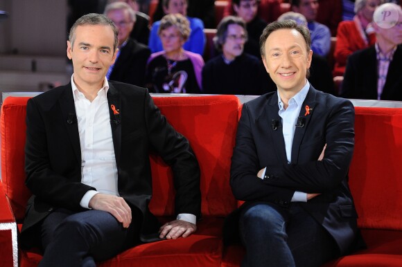 Exclusif - Franck Ferrand et Stéphane Bern - Enregistrement de l'émission "Vivement Dimanche" au studio Gabriel, présentée par M.Drucker et diffusée le 7 avril sur France 2. Le 20 mars 2019 © Guillaume Gaffiot / Bestimage