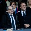 Emmanuel Macron, président de la République française, Noël Le Graët, dirigeant de la Fédération française de football, lors de la victoire du Stade Rennais (2-2, 6-5 aux t.a.b.) en finale de la Coupe de France contre le PSG le 27 avril 2019 au Stade de France.