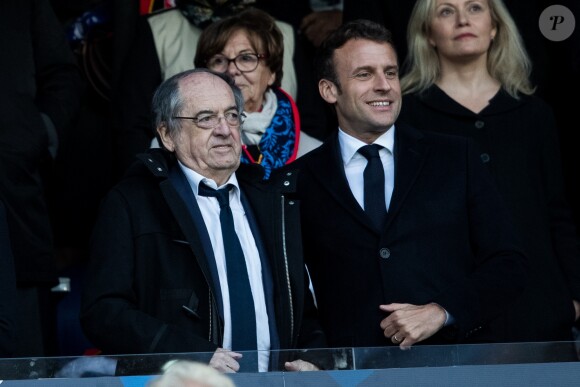 Emmanuel Macron, président de la République française, Noël Le Graët, dirigeant de la Fédération française de football, lors de la victoire du Stade Rennais (2-2, 6-5 aux t.a.b.) en finale de la Coupe de France contre le PSG le 27 avril 2019 au Stade de France.