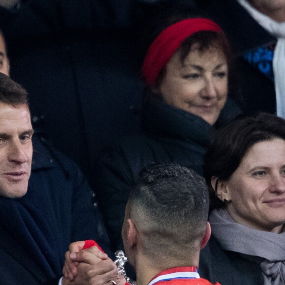Emmanuel Macron et Hatem Ben Arfa lors de la victoire du Stade Rennais (2-2, 6-5 aux t.a.b.) en finale de la Coupe de France contre le PSG le 27 avril 2019 au Stade de France.