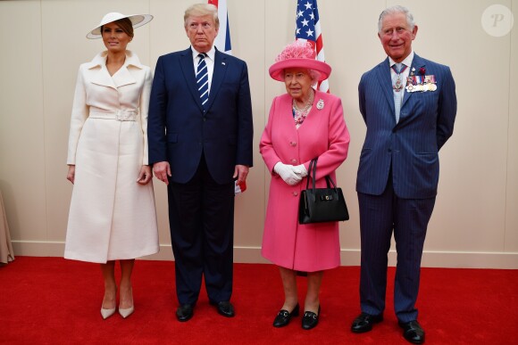 Melania Trump, le président des Etats-Unis Donald Trump, la reine Elisabeth II d'Angleterre et le prince Charles - Cérémonie à Portsmouth pour le 75ème anniversaire du débarquement en Normandie pendant la Seconde Guerre Mondiale. Le 5 juin 2019