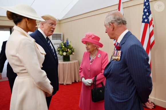 Melania Trump, le président des Etats-Unis Donald Trump, la reine Elisabeth II d'Angleterre et le prince Charles - Réunion des leaders des Nations Alliées à Portsmouth lors du 75ème anniversaire du débarquement en Normandie pendant la Seconde Guerre Mondiale. Le 5 juin 2019