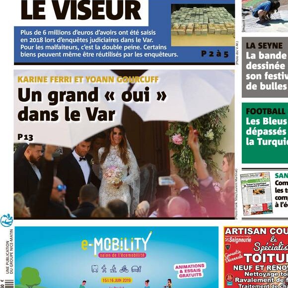 Une de Var-Matin du dimanche 9 juin 2019. L'édition revient notamment sur le mariage de Karine Ferri et Yoann Gourcuff, la veille à La Motte.