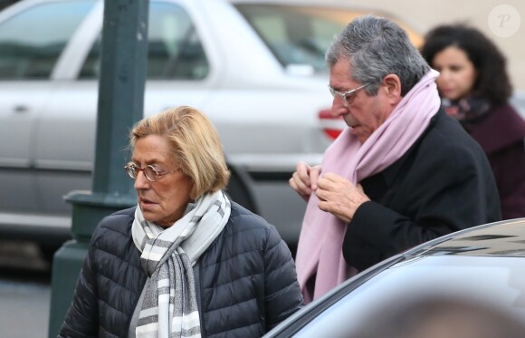 Patrick et Isabelle Balkany - Obsèques de Andrée Sarkozy (mère de N.Sarkozy), dite Dadue née Andrée Mallah, en l'église Saint-Jean-Baptiste à Neuilly-Sur-Seine. Le 18 décembre 2017