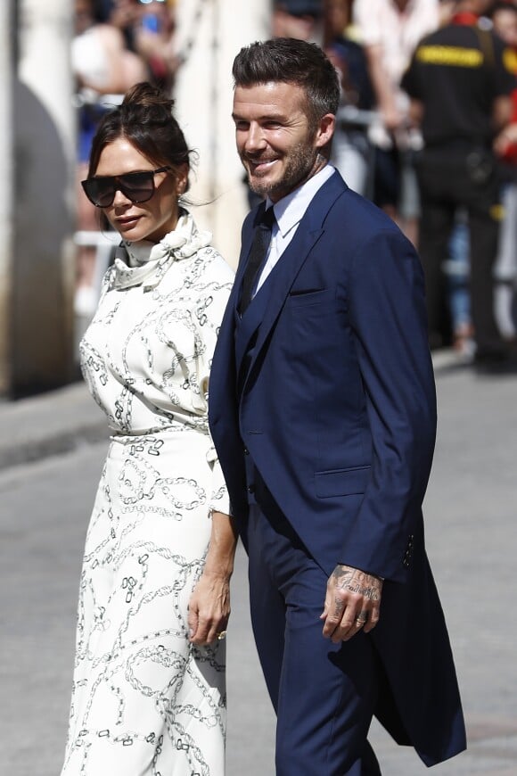 Victoria Beckham et son mari David Beckham - Les célébrités arrivent à l'église pour célébrer l'union du footballeur Sergio Ramos et de l'actrice Pilar Rubio à Seville en Espagne, le 15 juin 2019.