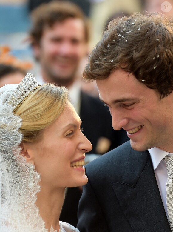Le prince Amedeo de Belgique et la princesse Elisabetta (Rosboch von Wolkenstein) lors de leur mariage à Rome le 5 juillet 2014.