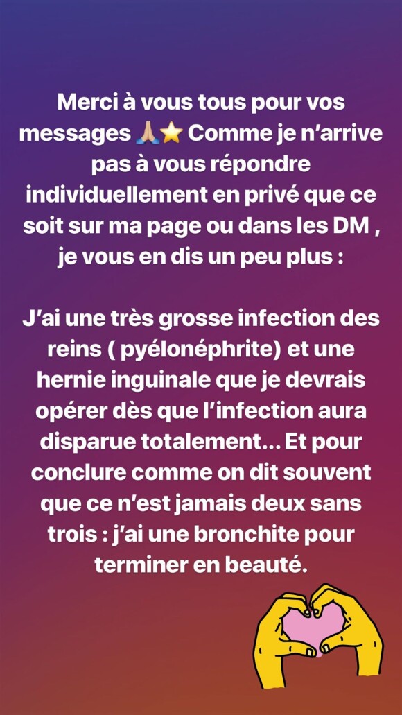 Jade Lagardère a donné via Insatgram de ses nouvelles alors qu'elle était à l'hôpital en Belgique le 5 juillet 2019, en raison d'une pyélonéphrite.