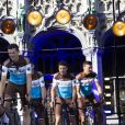 Romain Bardet, Alexis Vuillermoz, Mikaël Chérel de l'équipe AG2R lors de la présentation des équipes du Tour de France 2019 le 4 juillet à Bruxelles.