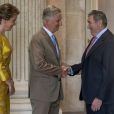 Le roi Philippe de Belgique et sa femme la reine Mathilde de Belgique ont reçu le champion Eddy Merckx et sa famille à l'occasion du 50ème anniversaire de sa première victoire dans le Tour de France le 5 juillet 2019 au château de Laeken à Bruxelles à la veille du départ du Tour 2019.