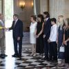 Le roi Philippe de Belgique et sa femme la reine Mathilde de Belgique ont reçu le champion Eddy Merckx et sa famille à l'occasion du 50ème anniversaire de sa première victoire dans le Tour de France le 5 juillet 2019 au château de Laeken à Bruxelles à la veille du départ du Tour 2019.