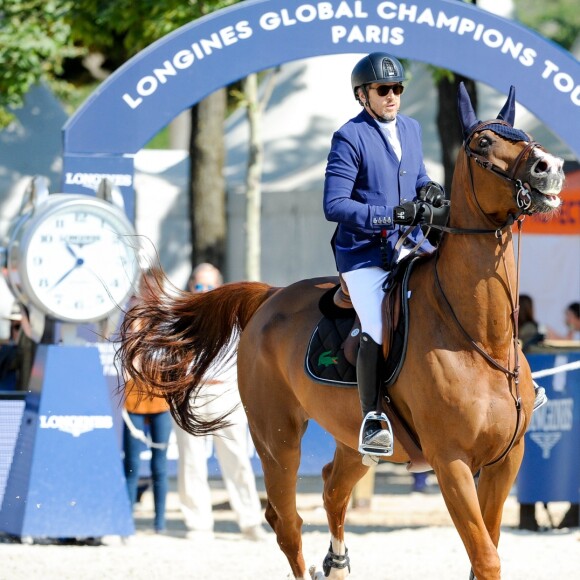 Guillaume Canet sur Sweet Boy d'Alpa 187 pendant le Prix Geberit en faveur de l'association Ela lors du Longines Paris Eiffel Jumping au Champ de Mars à Paris, France, le 7 juillet 2019. © Pierre Perusseau/Bestimage