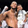 Tony Yoka avec son fils Ali sur le ring après sa victoire par KO à la 3ème reprise contre Alexander Dimitrenko à l'Azur Arena. Antibes, le 13 juillet 2019. © Lionel Urman/Bestimage