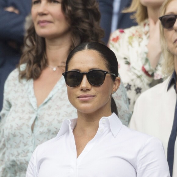 Catherine (Kate) Middleton, duchesse de Cambridge, Meghan Markle, duchesse de Sussex, et Pippa Middleton dans les tribunes lors de la finale femme de Wimbledon "Serena Williams - Simona Halep (2/6 - 2/6) à Londres, le 13 juillet 2019. © Ray Tang/London News Pictures via Zuma Press/Bestimage