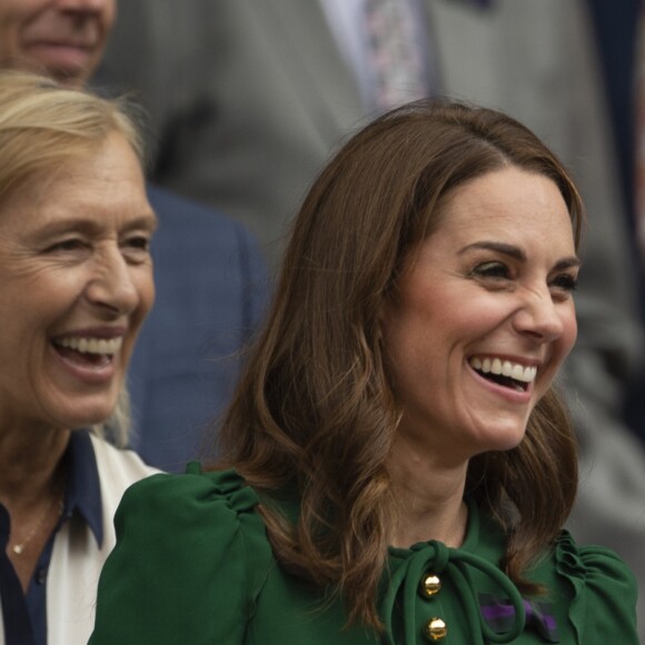 Catherine (Kate) Middleton, duchesse de Cambridge, Meghan Markle, duchesse de Sussex, et Pippa Middleton dans les tribunes lors de la finale femme de Wimbledon "Serena Williams - Simona Halep (2/6 - 2/6) à Londres, le 13 juillet 2019.