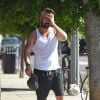 Exclusif - Colin Farrell torse nu à la sortie de la salle de gym après deux heures de sport intensif à Los Angeles le 7 août 2019.