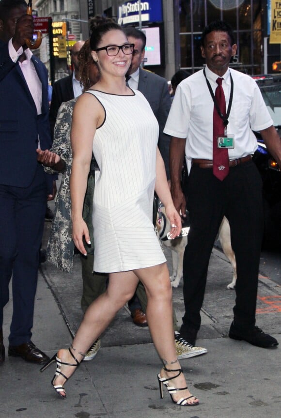 Ronda Rousey arrive à l'émission "Good Morning America" pour la promotion du film "Miles 22" à New York le 1er août 2018.