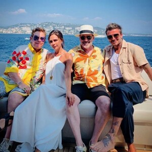 Elton John, Victoria Beckham, David Furnish et David Beckham en bateau en Italie. Août 2019.