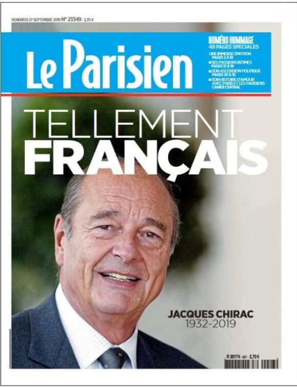 Jacques Chirac en Une du "Parisien" le 27 septembre 2019. L'ancien président est mort le 26 septembre 2019 à l'âge de 86 ans.