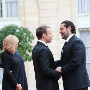 Le président de la République française Emmanuel Macron, sa femme la Première Dame Brigitte Macron et Saad Hariri, le président du Conseil des ministres du Liban - Le président de la République française reçoit les chefs d'Etat et de Gouvernement étrangers ayant fait le déplacement en France pour rendre hommage au Président Jacques Chirac au Palais de l'Elysée Paris, France, le 30 septembre 2019. © Cyril Moreau/Bestimage