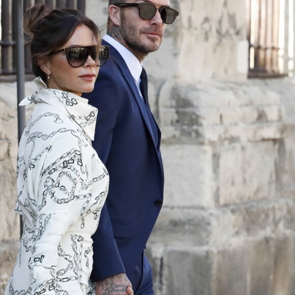 Victoria Beckham et son mari David Beckham - Les célébrités arrivent à l'église pour célébrer l'union du footballeur Sergio Ramos et de l'actrice Pilar Rubio à Seville en Espagne, le 15 juin 2019.