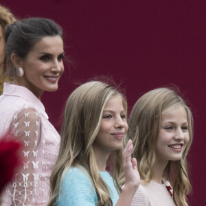 La reine Letizia, la princesse Sofia et la princesse Leonor - La famille royale d'Espagne assiste à la parade militaire le jour de la fête nationale espagnole à Madrid le 12 octobre 2019