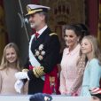 Le roi Felipe VI d'Espagne, la reine Letizia, la princesse Sofia et la princesse Leonor - La famille royale d'Espagne assiste à la parade militaire le jour de la fête nationale espagnole à Madrid le 12 octobre 2019