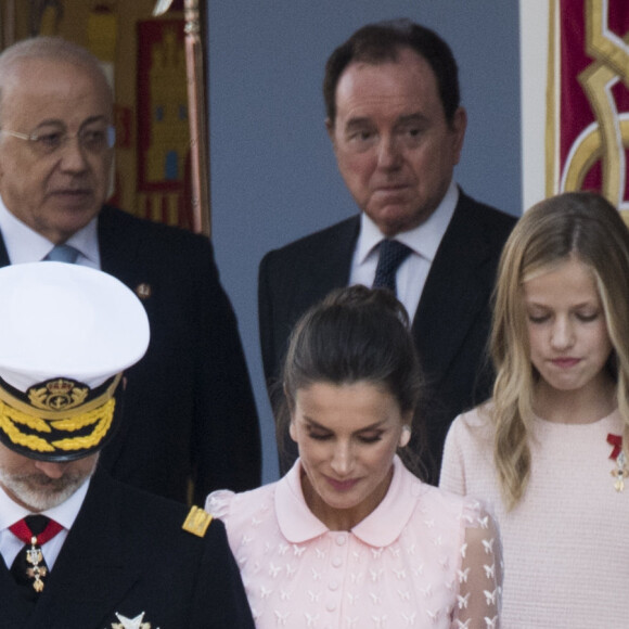 Le roi Felipe VI d'Espagne, la reine Letizia, la princesse Sofia et la princesse Leonor - La famille royale d'Espagne assiste à la parade militaire le jour de la fête nationale espagnole à Madrid le 12 octobre 2019