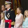 Le roi Felipe VI d'Espagne, la reine Letizia, la princesse Sofia et la princesse Leonor - La famille royale d'Espagne assiste à la parade militaire le jour de la fête nationale espagnole à Madrid le 12 octobre 2019
