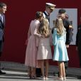 Le roi Felipe VI d'Espagne, la reine Letizia, la princesse Sofia et la princesse Leonor et le prséident espagnol Pedro Sanchez - La famille royale d'Espagne assiste à la parade militaire le jour de la fête nationale espagnole à Madrid le 12 octobre 2019