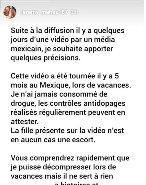 Extrait du message publié par Jérémy Ménez dans ses stories Instagram le 14 octobre 2019.