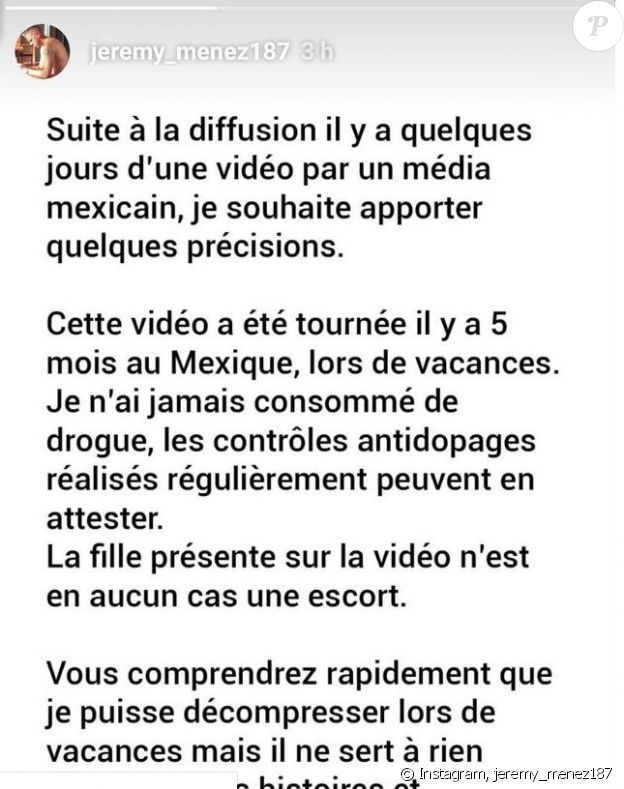 Extrait du message publié par Jérémy Ménez dans ses stories Instagram le 14 octobre 2019.