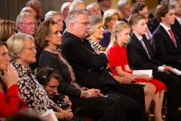 Le prince Laurent et la princesse Claire de Belgique lors du 18e anniversaire de la princesse héritière Elisabeth de Belgique, duchesse de Brabant, qui a été célébré le 25 octobre 2019 dans la Salle du Trône au palais royal à Bruxelles.