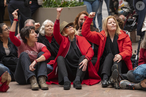 Jane Fonda, 81 ans, et ses partisans ont fait un sit-in dans l'un des bureaux du Sénat américain lors d'une nouvelle manifestation le 1er novembre 2019 à Washington pour alerter les décideurs politiques et l'opinion publique sur l'urgence d'agir face à la crise du changement climatique.